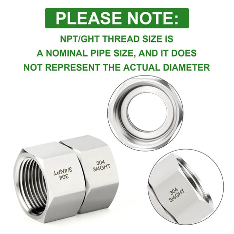 Heavy Duty 304 Stainless Steel Garden Hose Adapter Set 3/4 GHT Female To 3/4 NPT Female Swivel Fittings With Washers To Keep Leaks At Bay, Rustproof Lead Free Durable Outdoor Hose Connectors. 304 stainless steel 3/4 GHT to 3/4 NPT female adapter with washer