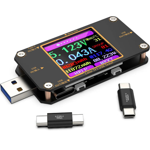 2 In 1 Digital USB Tester Meter With Type C Connector USB C Voltage Current Power Capacity Ammeter Voltmeter PD Battery Gauge QC Two Point Zero And Three Point Zero Fast Charge Recognition Cable Impedance Tester Checking Charging Speed with adapters on display