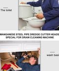 Take Down Sneaky Pipe Blockages With This 7Pc Drain Cutter Head Kit For Shower Stalls And Kitchen Sinks featuring a user repairing a toilet and wash basin.