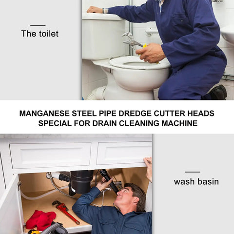 Plumber using Seven Piece Beast Mode Manganese Steel Drain Cleaning Cutter Heads Power Drill Bits under sink.