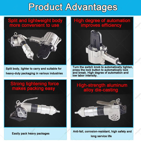 Product advantages of Commercial Pneumatic Strapping Machine Kit with split body, automated locking, strong force, and aluminum alloy.
