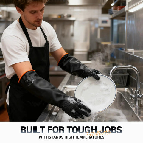Top Shelf Heavy Duty Rubber Work Gloves With Super Grippy Anti Slip Palms And Hella Thick Durable Natural Latex Hand Armor For Tough Home Cleaning And Yard Chores, 14 inch, used for washing dishes.