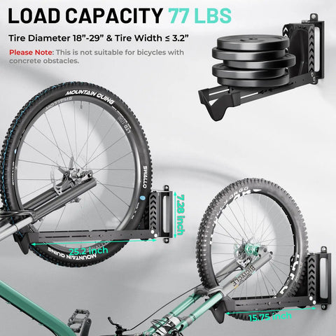 Bike Rack Wall Mount For Garage And Indoor Use, Space Saving Vertical Holder Up To 77 Lbs, fits 3.2 Inch Tire Widths and 18 to 29 Inch Wheels