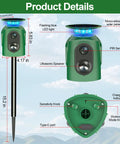 Solar Ultrasonic Animal Repeller With 360 Degree Detection And Motion Sensor IP65 Waterproof Outdoor Yard Guard To Keep Critters At Bay From Your Garden And Lawn, green stake design