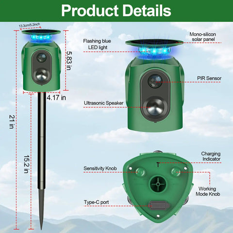 Solar Ultrasonic Animal Repeller With 360 Degree Detection And Motion Sensor IP65 Waterproof Outdoor Yard Guard To Keep Critters At Bay From Your Garden And Lawn, green stake design