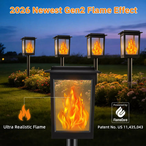 Gen2 Flickering Flame Solar Torch Lights 6 Pack Outdoor Waterproof Garden Decor Lamps Solar Powered Tiki Torches For Patio Pathway Yard Lighting Weatherproof Night Safe