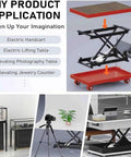 Heavy Duty Electric Scissor Lift Table With Foldable Hydraulic Platform And Dual Remote Manual Controls For Rocking 330 Lb Loads in workshop setup.