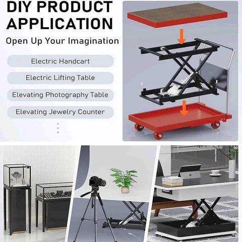 Heavy Duty Electric Scissor Lift Table With Smooth Height Adjustable Platform shown in use for photography and jewelry displays.