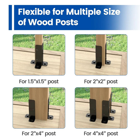 4 Pack Adjustable Post Base Brackets For Wood Posts 1.5x1.5, 2x2, 2x4, 4x4 in use with wood posts on deck