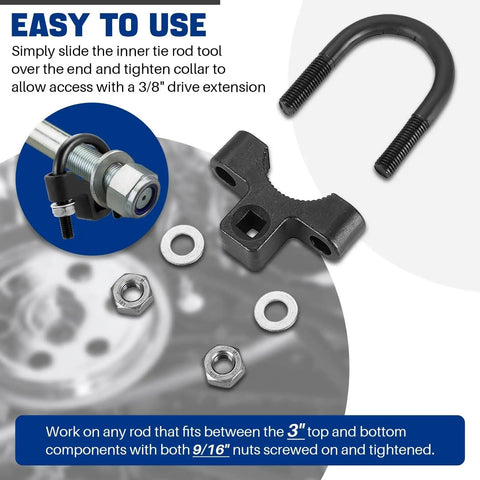 Inner Tie Rod Removal Tool Three Eighths Inch Drive Universal Low Profile Design tool set on display with fasteners.