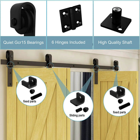 Heavy Duty Bi Folding Sliding Barn Door Hardware Kit With 6.6 Foot Track System for up to 19 inches wide four door openings