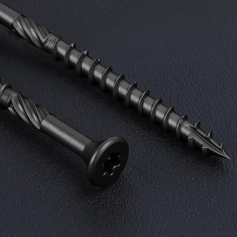 Built Tough Heavy Duty Deck Screws Black Carbon Steel With Torx Drive Nail It Fast On Outdoor Wood Fencing Shake Off Rust And Skip Stripping Hassles Super Durable One Pound Pack showing screw details.