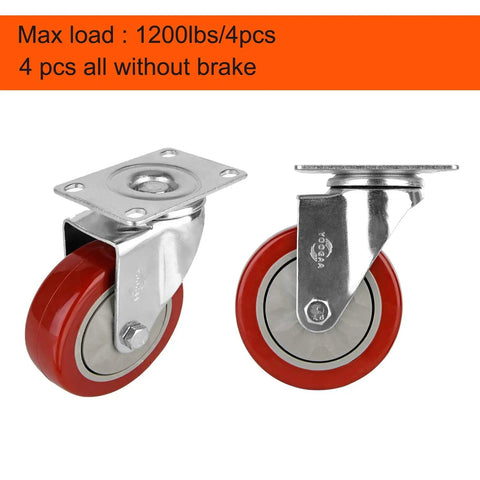 4 Inch Heavy Duty Swivel Caster Wheels Delivering Hella Smooth Motion And 360 Degree Rotation With Badass Load Handling Total 1200 Lbs Lift Capacity Set Of Four Silently Gliding Noise Free Wheel Rollers Without Brakes, showing red wheels with silver steel bases.