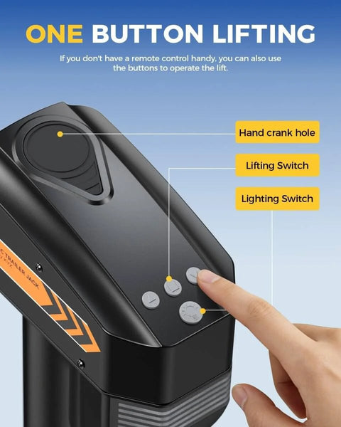Person pressing button on Beefy 7500Lb Electric RV Tongue Jack With Remote Control, showing hand crank hole and switches, black