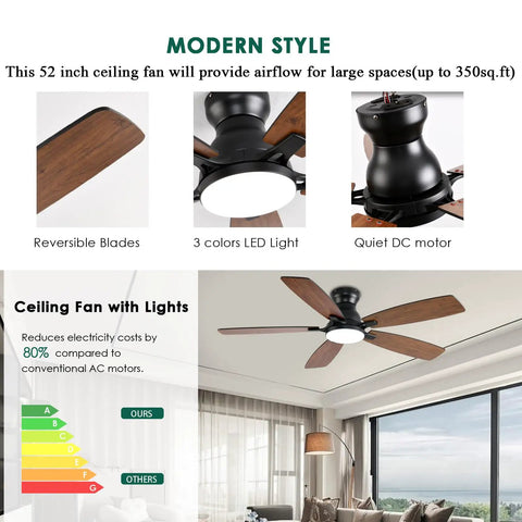 Low Profile 52 Inch Brown Ceiling Fan With Lights Remote And App Control DC Motor in modern living room