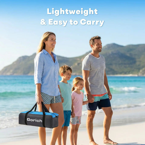 Family at beach with Beach Tent Sun Shelter With Canopy That Pops Up In Minutes, UPF 50 UV Protection, carrying compact bag.