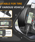 Digital Tire Tread Depth Gauge With Large LCD Display, Inch And MM Readings, shown measuring car tire tread depth