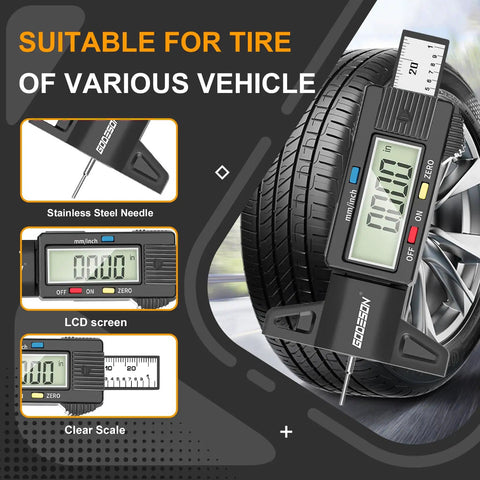 Digital Tire Tread Depth Gauge With Large LCD Display, Inch And MM Readings, shown measuring car tire tread depth