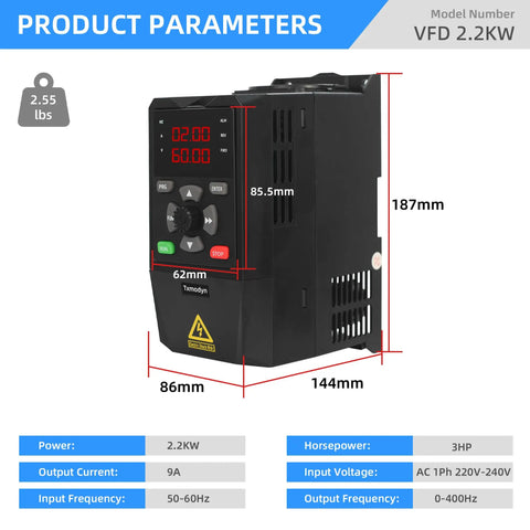Beefy 2.2KW Variable Frequency Drive Inverter for 1 Phase to 3 Phase Motors, showing dimensions and specifications chart.