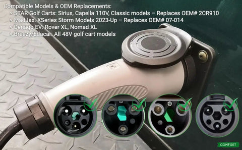 Heavy Duty 10 Ft Golf Cart Charge Cord Replaces Oem 2Cr910 For Madjax Denago Star Breezy Ev shown with compatibility details.