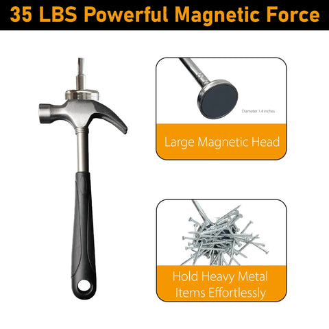 40 Inch Telescoping Magnetic Pickup Tool With 35 Lb Pull Extendable Heavy Duty Magnet Stick showing large magnetic head and pile of nails