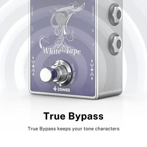 White Tape Stereo Delay Pedal With Analog Echo True Bypass And Two Independent Channels for Guitar with front view and True Bypass text