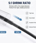 Top Shelf Heat Shrink Tubing Roll Kit With Hefty Adhesive Lining, 5:1 Shrink Ratio visual showing shrink process before and after.