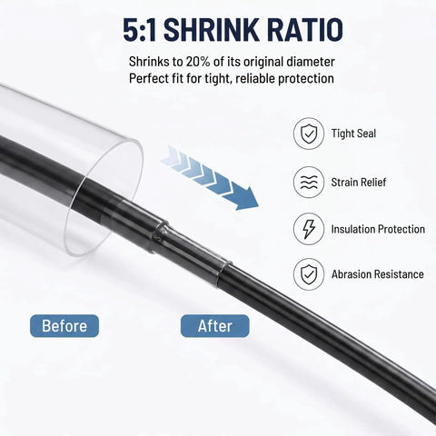 Top Shelf Heat Shrink Tubing Roll Kit With Hefty Adhesive Lining, 5:1 Shrink Ratio visual showing shrink process before and after.