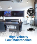 18 Inch Industrial Pedestal Fan With Powder Coated Steel Frame Delivers Beastly Airflow For Workshops And Garages Featuring A One Sixth Horsepower Enclosed Motor And A Ten Foot SJT Cord Plus A One Year Limited Warranty installed in a modern workspace