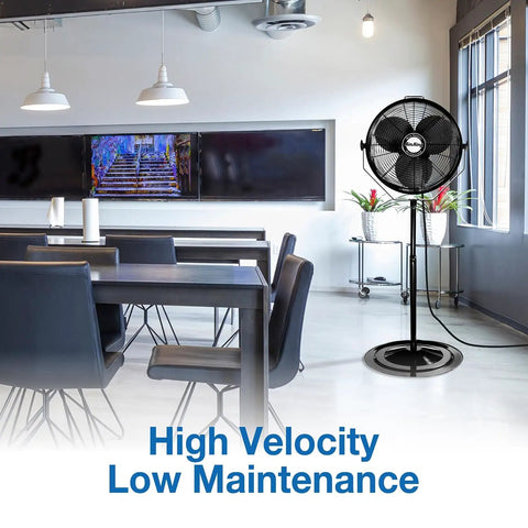 18 Inch Industrial Pedestal Fan With Powder Coated Steel Frame Delivers Beastly Airflow For Workshops And Garages Featuring A One Sixth Horsepower Enclosed Motor And A Ten Foot SJT Cord Plus A One Year Limited Warranty installed in a modern workspace