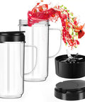 Two Pack 22oz Tall Blender Cups With Handles And Flip Top To-Go Lids For 250W Magic Bullet MB1001 Blenders Replacement Parts With Cross Blade, showing clear cups with black lids and fruit splash.