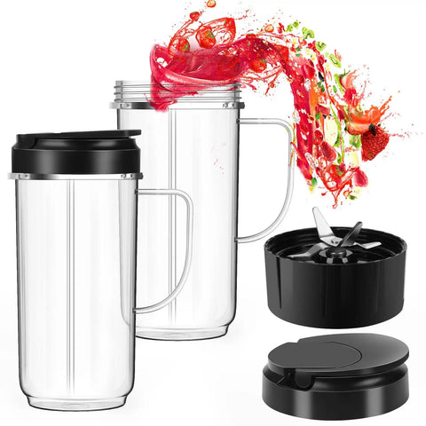 Two Pack 22oz Tall Blender Cups With Handles And Flip Top To-Go Lids For 250W Magic Bullet MB1001 Blenders Replacement Parts With Cross Blade, showing clear cups with black lids and fruit splash.