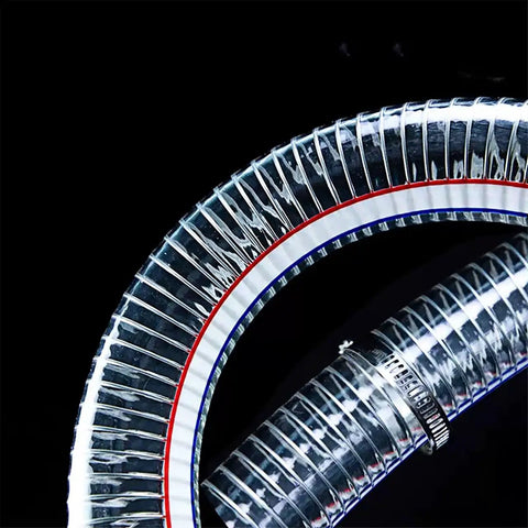 Close-up of Heavy Duty Steel Wire Reinforced Vacuum Suction Hose One Inch ID By One And A Half Inch OD Flexible UV Resistant Vinyl Tube
