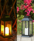 2-Pack Solar Lanterns For Outdoor Garden Hanging Lights 11.8 Inch Flickering Flameless Candles on patio, day and night view