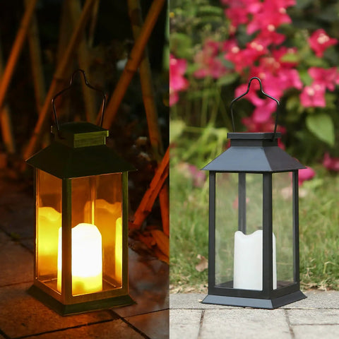 2-Pack Solar Lanterns For Outdoor Garden Hanging Lights 11.8 Inch Flickering Flameless Candles on patio, day and night view