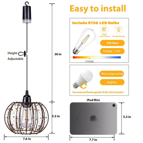 Battery Operated Hanging Chandelier Outdoor Set Of Two With Remote Control Boho Copper Wire Beaded Pendant Light weatherproof 36 inch height adjustable.
