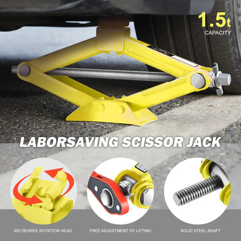 Heavy Duty 1.5 Ton Scissor Jack With Straight Talk Ratchet Design And No Sweat Grip under a vehicle, showcasing solid steel structure and lift mechanism.