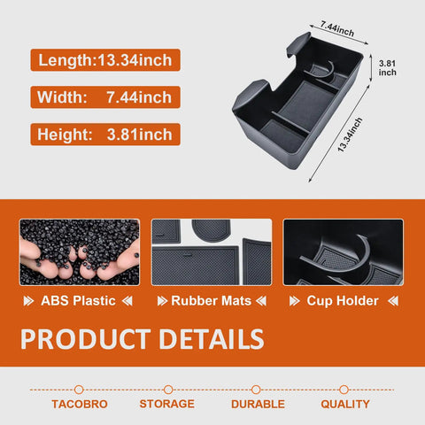 Center Console Hanging Organizer Box for Split Bench Chevy Silverado and GMC Sierra Trucks 2019 to 2026 with dimensions and material details