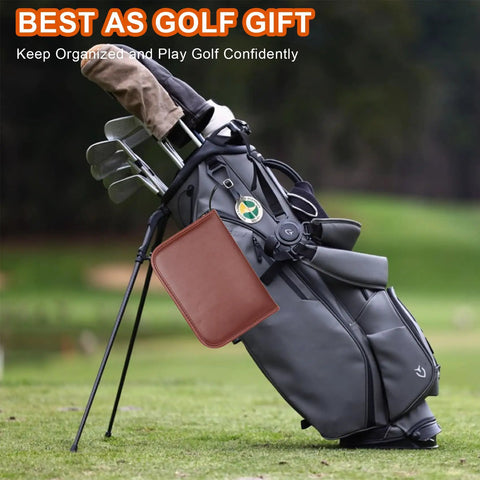 Golf bag with all in one golf gear set with leather case rangefinder balls tees brushes ball markers clips divot tool and scoreboard