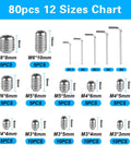 80 Piece Hex Set Screws Kit For Home DIY And Furniture Repair, Grub Screws M3 To M8 In Stainless Steel, Anti Rust And Corrosion Resistant, Perfect For Door Handles, Electronic Parts, Fixtures, 12 Sizes display with size chart.