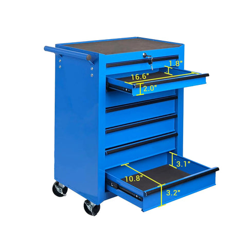 Rock Solid Rolling Tool Chest With Seven Smooth Ball Bearing Drawers And Heavy Duty Swivel Casters, deep blue finish with drawer dimensions.