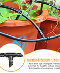 Barbed Drip Irrigation Tee Fittings Kit for Quarter Inch Tubing, 100 Pieces, in use with garden container setup