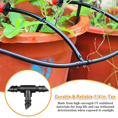 Barbed Drip Irrigation Tee Fittings Kit for Quarter Inch Tubing, 100 Pieces, in use with garden container setup