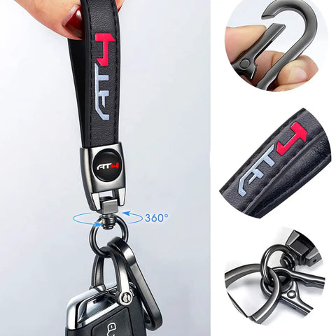 Clean Genuine Leather Car Key Ring For GMC AT4 Ride Durable Zinc Alloy Black Metal Fob Holder with hook and soft leather.
