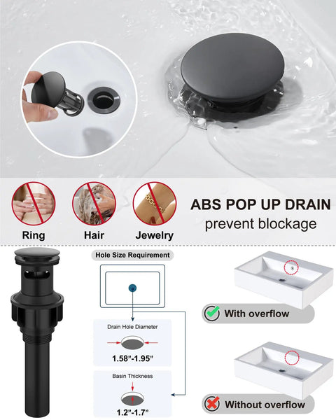 ABS pop up drain with overflow in matte black, part of No Brainer Install Matte Black Bathroom Faucet With Deck Plate Kit.