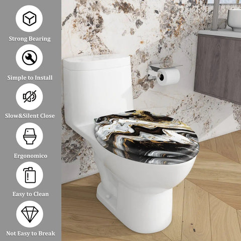Elongated Toilet Seat for Bathroom with marble design, 14.5" x 18.5", easy to clean and install.