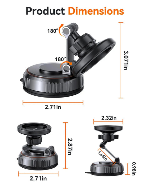 Dimensions of MagSafe Car Mount With Ultra Strong Vacuum Suction Base And 360 Degree Rotating Dashboard And Windshield Holder.