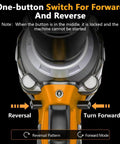 One-button switch for forward and reverse settings on Heavy Duty Cordless Impact Wrench With 21V Brushless Motor And 6.0Ah Battery For Car Repair Garage Work Includes Charger And 39Pc Kit High Torque Electric Tool For Quick Bolt Removal.