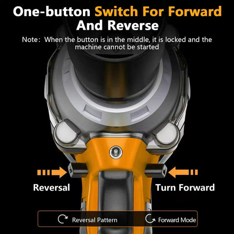 One-button switch for forward and reverse settings on Heavy Duty Cordless Impact Wrench With 21V Brushless Motor And 6.0Ah Battery For Car Repair Garage Work Includes Charger And 39Pc Kit High Torque Electric Tool For Quick Bolt Removal.