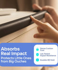 No Sweat Heavy Duty Edge Protector For Baby Proofing Main Home With Grip Tight 3M Tape And Waterproof Non Toxic Foam Padding For Sharp Furniture Corners Rugged Toddler Safe Wall Edge Wrap In Rich Black close-up showing dense black foam padding on furniture edge.